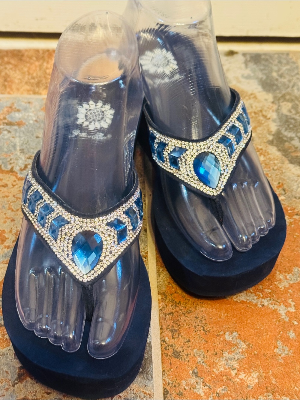NWOB! Yellow Box Embellished Blue Gem and Rhinestone Platform Thong Sandals!